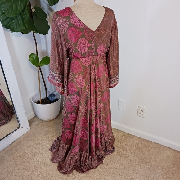 Celina Boho Maxi Womens Dress OSFM Silk Blend Paisley Magenta Wedding Guest - Picture 4 of 12